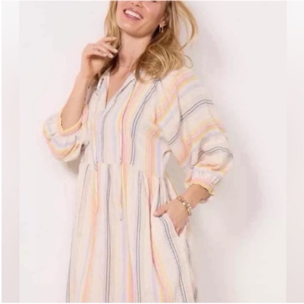 Sundry Women’s 3/4 Sleeve Pink and Blue Striped Relaxed Fit Dress S